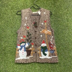 Vintage Christmas Sweater Vest Womens Small Brown Snowman North Pole Holiday